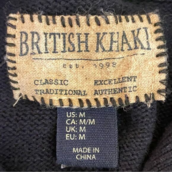 British Khaki Navy Blue Women's Sweater Size Medium High Neck Button Detail - Picture 4 of 5
